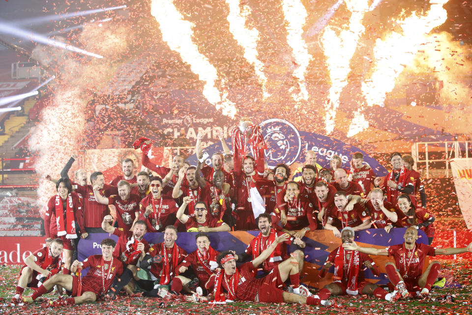 Liverpool celebrate winning the Premier League for the first time in 30 years.