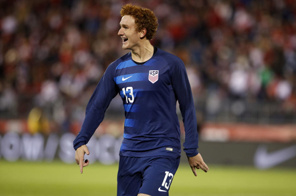 Oct 16, 2018; East Hartford, CT, USA; United States forward Josh Sargent (13) reacts after scoring against Peru in the second half during an international friendly soccer match at Pratt & Whitney Stadium. USA tied Peru 1-1. Mandatory Credit: David Butler II-USA TODAY Sports