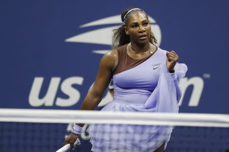 Sep 6, 2018; New York, NY, USA; Serena Williams of the United States celebrates after match point against Anastasija Sevastova of Latvia (not pictured) in a women's semi-final match on day eleven of the 2018 U.S. Open tennis tournament at USTA Billie Jean King National Tennis Center. Mandatory Credit: Geoff Burke-USA TODAY Sports