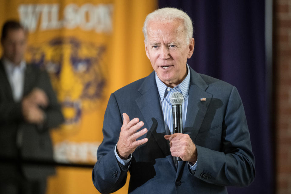 FLORENCE, SC - OCTOBER 26: Democratic presidential candidate, former vice President Joe Biden addresses a crowd at Wilson High School on October 26, 2019 in Florence, South Carolina. Many presidential hopefuls campaigned in the early primary state over the weekend, scheduling stops around a criminal justice forum in the state capital. (Photo by Sean Rayford/Getty Images)