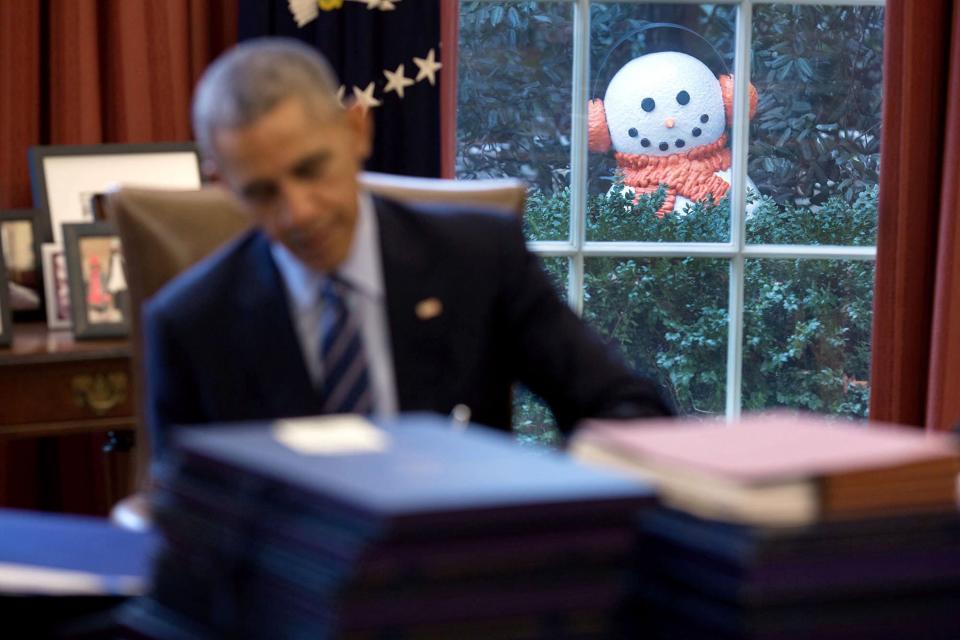 The White House staff built a snowman and placed it outside Obama's window in an end of the year prank on Dec. 16.