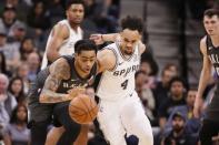 Jan 31, 2019; San Antonio, TX, USA; Brooklyn Nets point guard D'Angelo Russell (left) steals the ball from San Antonio Spurs point guard Derrick White (4) during the first half at AT&T Center. Mandatory Credit: Soobum Im-USA TODAY Sports