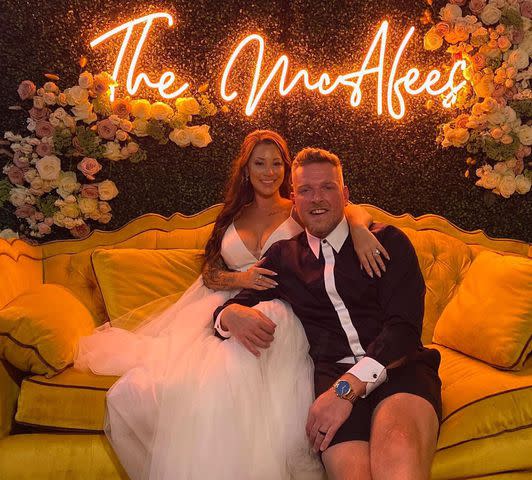 <p>Samantha McAfee Instagram</p> Pat McAfee and Samantha McAfee on their wedding day in August 2020.