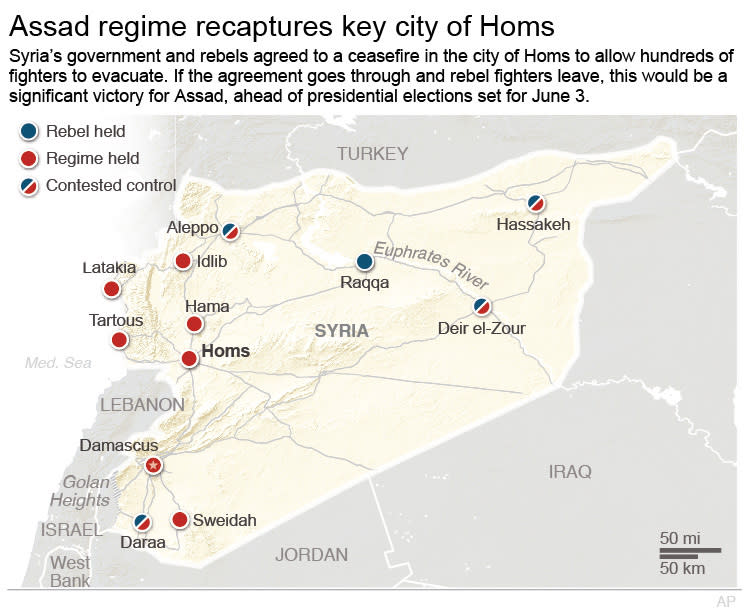 Graphic shows which sides, rebel or regime, hold key cities within Syria as of May 2, 2014; 3c x 4 inches; 146 mm x 101 mm;