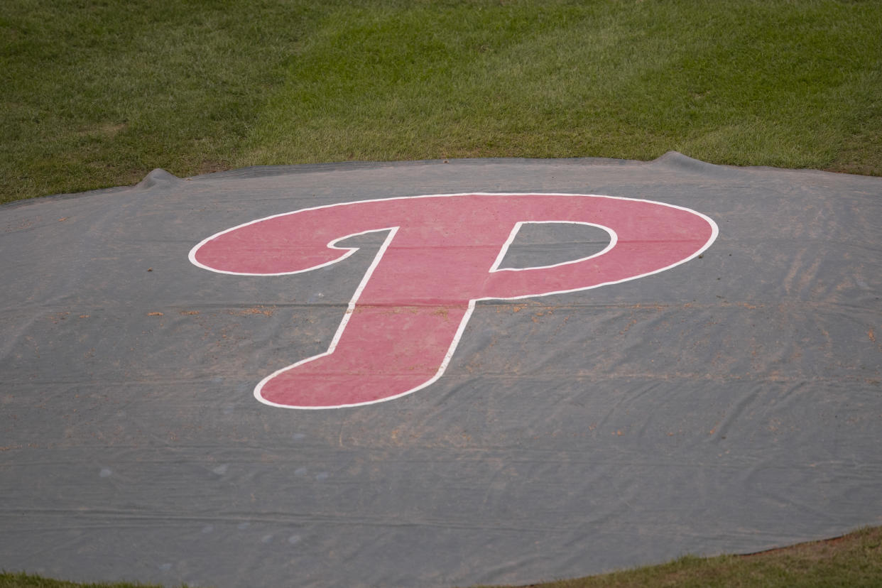 PHILADELPHIA, PA - SEPTEMBER 02: A detail view of the tarp covering the pitchers mound with Philadelphia Phillies logo prior to the game against the Washington Nationals at Citizens Bank Park on September 2, 2020 in Philadelphia, Pennsylvania. The Phillies defeated the Nationals 3-0. (Photo by Mitchell Leff/Getty Images)