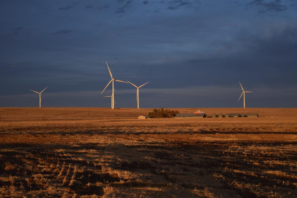 A wind turbine installation owned by NextEra Energy in Calhan, Colorado.