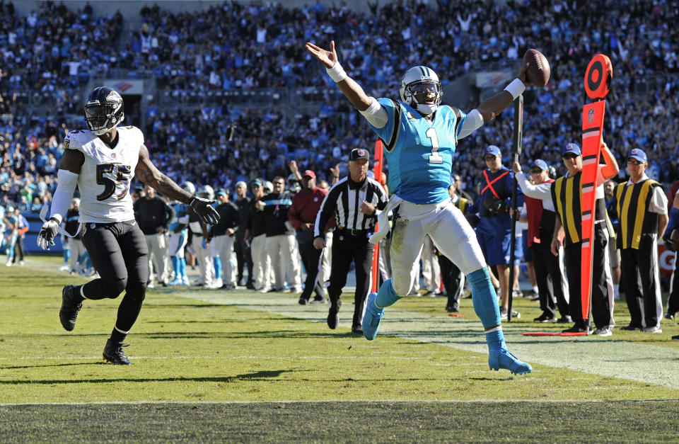 Carolina Panthers’ Cam Newton was in dominant form Sunday, completing 72 percent of his passes. (AP Photo/Mike McCarn)
