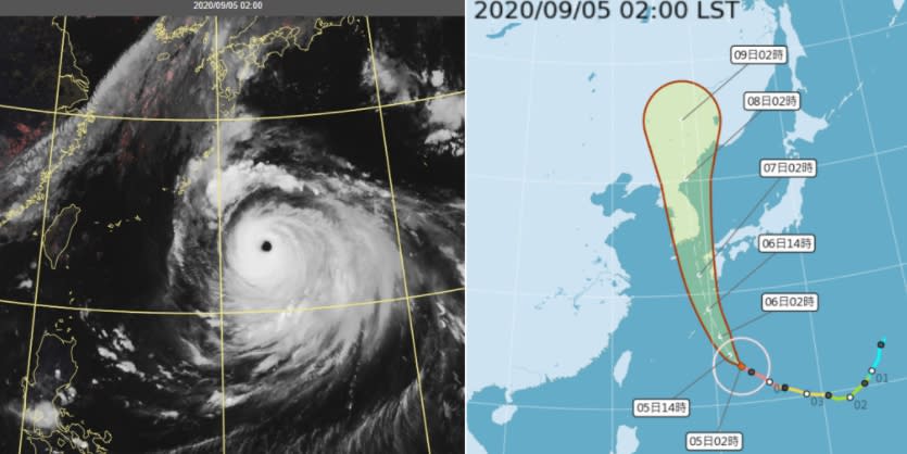 今(5日)晨2時真實色雲圖顯示，「海神之眼」圓而清澈，強度已近顛峯(左圖)。最新(5日2時)中央氣象局「路徑潛勢預測圖」(右圖)顯示，「海神」近中心最大平均風速已達53米/秒，向北北西轉偏北，撲向日本西部及朝鮮半島。(取自「三立準氣象·老大洩天機」專欄)