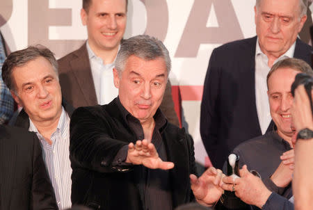 Milo Djukanovic, the presidential candidate of the ruling DPS party (Democratic Party of Socialists), gestures during the meeting with his supporters in the DPS' headquarters in Podgorica, Montenegro, April 15, 2018. REUTERS/Stevo Vasiljevic