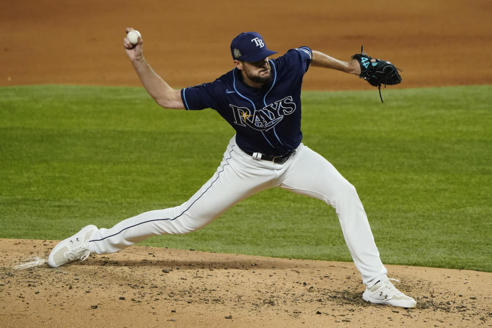 Tampa Bay Rays starting pitcher Ryan Thompson throws against the Los Angeles Dodgers during the fourth inning in Game 4 of the baseball World Series Saturday, Oct. 24, 2020, in Arlington, Texas. (AP Photo/Tony Gutierrez)