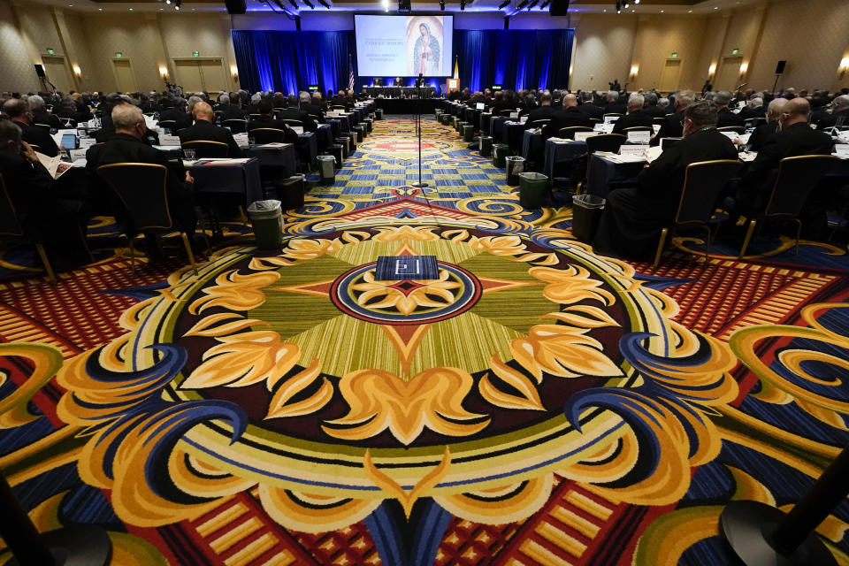 The United States Conference of Catholic Bishops holds its Fall General Assembly meeting, Tuesday, Nov. 16, 2021, in Baltimore.(AP Photo/Julio Cortez)