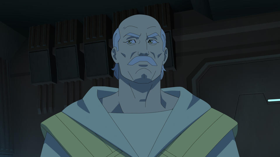 Thaedus looks behind him in a dimly lit room in Invincible season 2 part 2