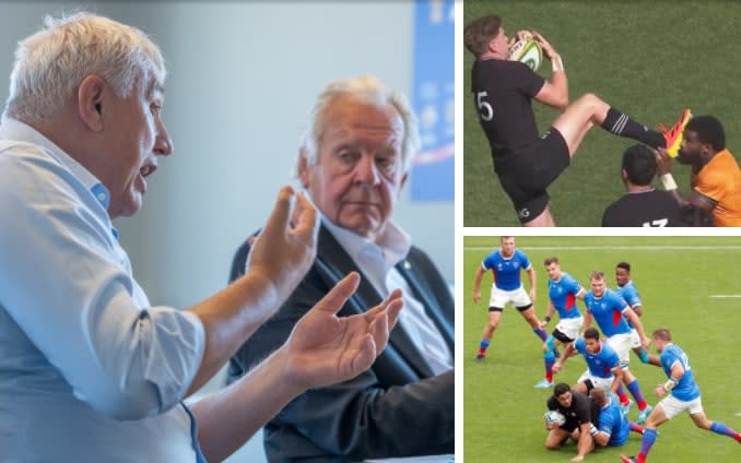 World Rugby chairman Bill Beaumont (centre), chief exec Alan Gilpin (left) and World Cup 2023 CEO Claude Atcher (right) - PAUL GROVER/ REUTERS