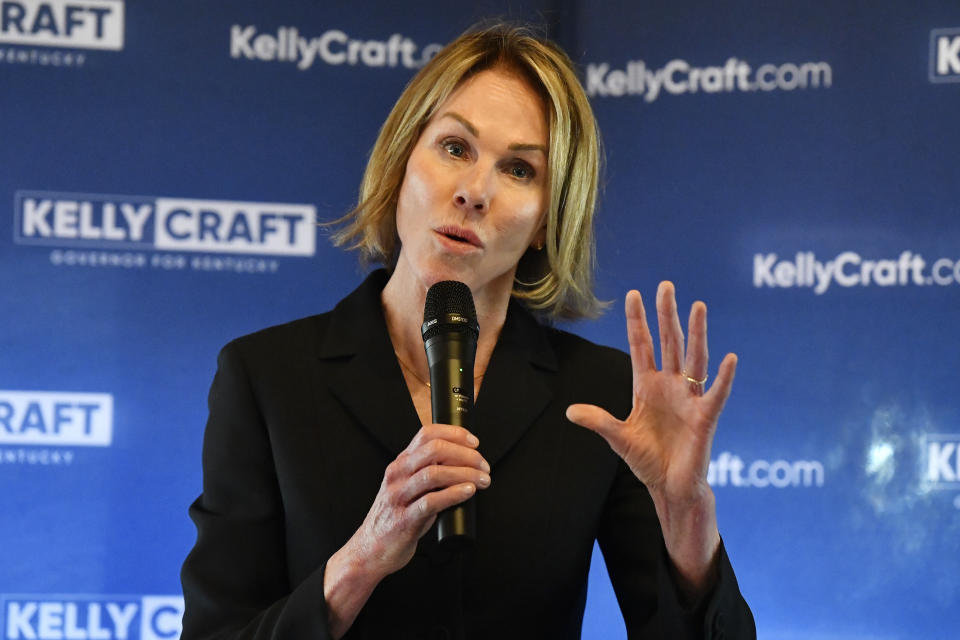Kentucky gubernatorial candidate Kelly Craft speaks with supporters during a campaign stop in Liberty, Ky., Wednesday, May 3, 2023. (AP Photo/Timothy D. Easley)