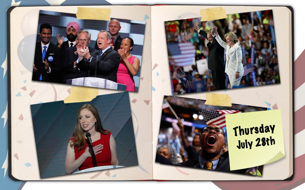 Gen. John Allen rallies the troops, a loving daughter speaks, and Hillary Clinton accepts the nomination for president in Philadelphia. (Photo illustration: Yahoo News, photos (clockwise from top right): J. Scott Applewhite/AP, Gary Cameron/Reuters, Jim Young/Reuters, Carolyn Kaster/AP, background photos: Getty Images [3])