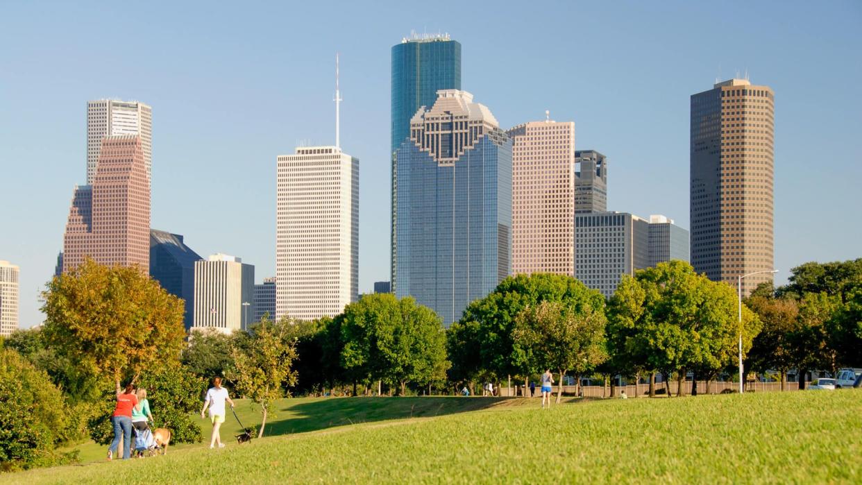 "With a background of beautiful clear blue sky and the modern skyscrapers of the Houston , Texas city skyline this horizontal image has three ladies enjoying a beautiful fall afternoon by walking their dogs and pushing a baby stroller through the park.