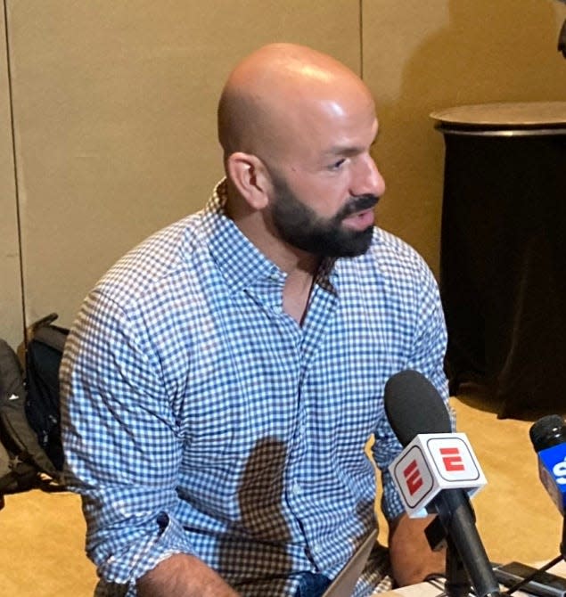New York Jets coach Robert Saleh speaks to reporters at the NFL Annual Meeting on Monday morning in Orlando.
