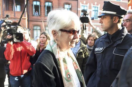 Hedy Bohm, a survivor of Auschwitz German Nazi concentration and extermination camp, arrives at the court in Lueneburg April 21, 2015, for the opening of the trail against Oskar Groening. REUTERS/Fabian Bimmer
