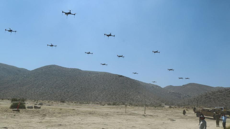 The 11th Armored Cavalry Regiment and the Threat Systems Management Office operate a swarm of 40 drones to test the rotational units capabilities at the National Training Center on May 8th, 2019. (Pvt. 2nd Class James Newsome/Army)