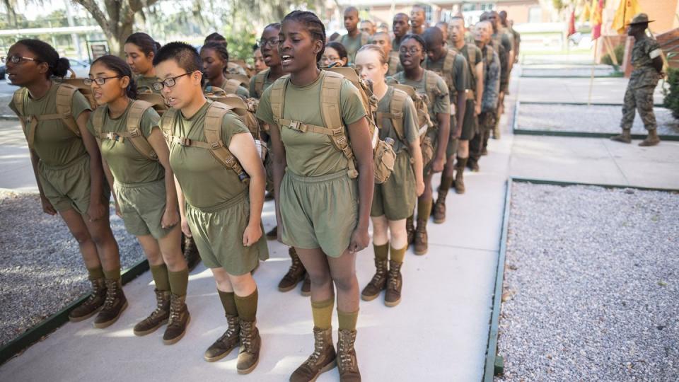A detail of female U.S. Marine Corps recruits stand in platoon order outside the Marine Corps Recruit Depot pool after swim training, Wednesday, June 28, 2023, in Parris Island, South Carolina. (Stephen B. Morton/Marine Corps