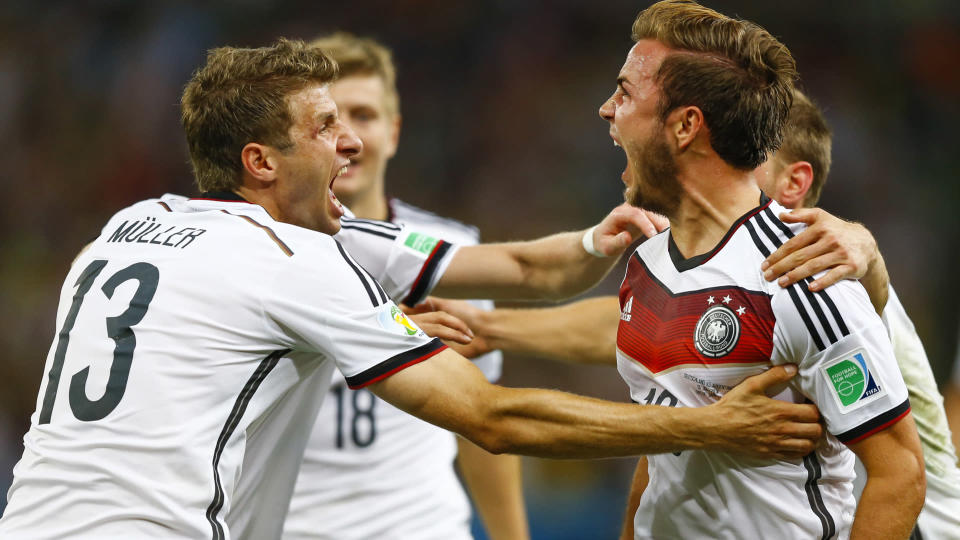 Gotze, da Alemanha, comemora gol durante a partida final da Copa do Mundo de 2014 entre Alemanha e Argentina no Est&#xe1;dio do Maracan&#xe3;