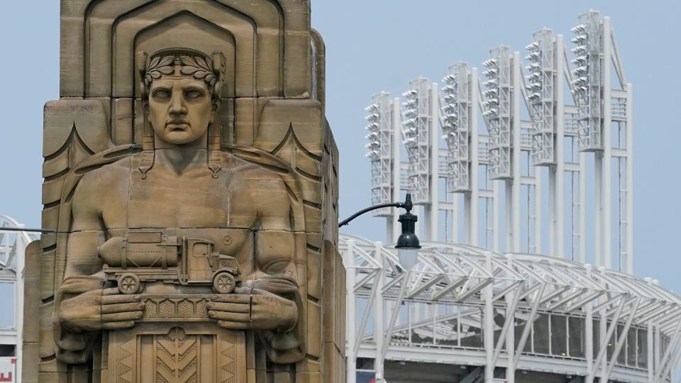 A view of the Hope Memorial Bridge and Progressive Field in Cleveland.