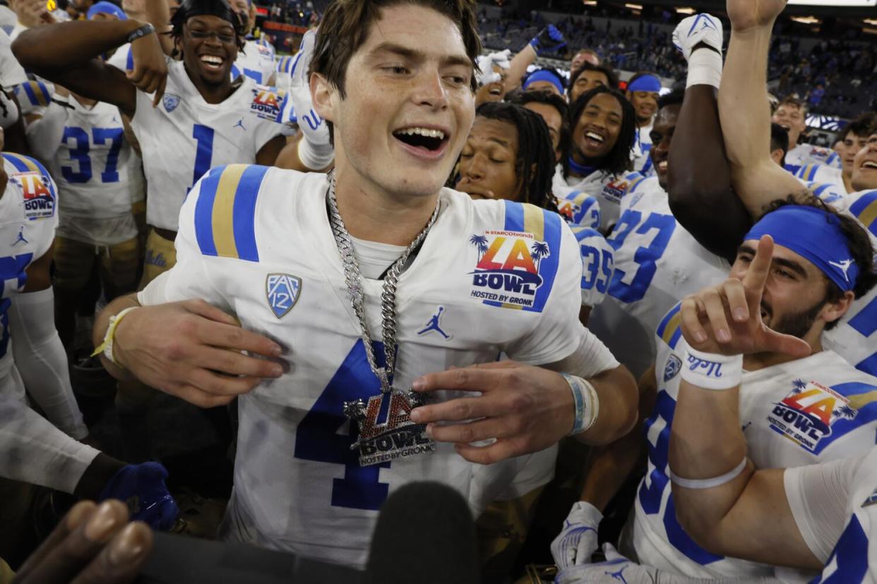 UCLA quarterback Ethan Garbers celebrates his team's win against Boise State at The LA Bowl last season.