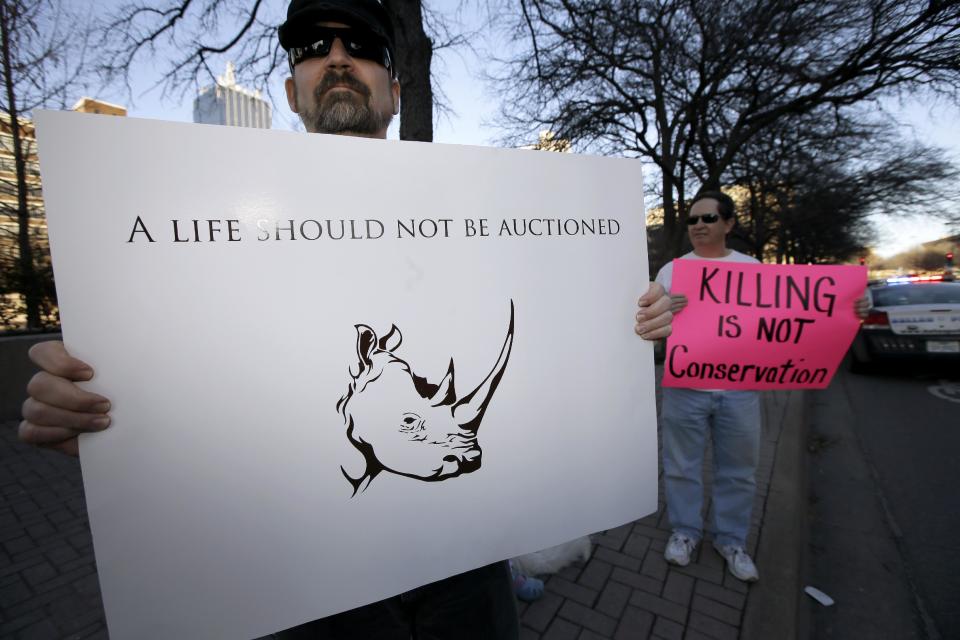 Bob Fretwell sostiene un cartel a fuera del Centro de Convenciones de Dallas, donde el Club Safari subastó un permiso para cazar un rinoceronte negro africano _una especie en peligro de extinción_ por 350.000 dólares, una venta que fue criticada por grupos defensores de los animales, el sábado 14 de enero de 2014. (Foto AP/Tony Gutierrez)