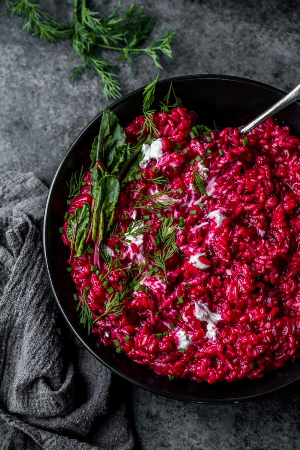 Creamy beet risotto with goat cheese.