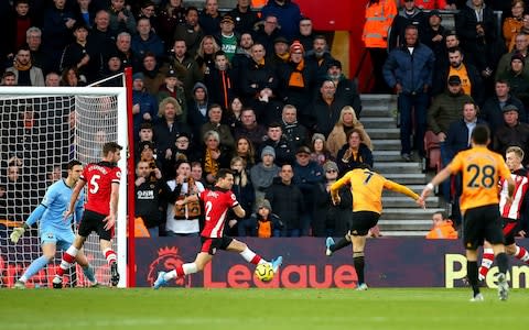 Wolverhampton Wanderers' Pedro Neto scores his side's first goal of the game during the Premier League match at St Mary's, Southampton - Credit: PA