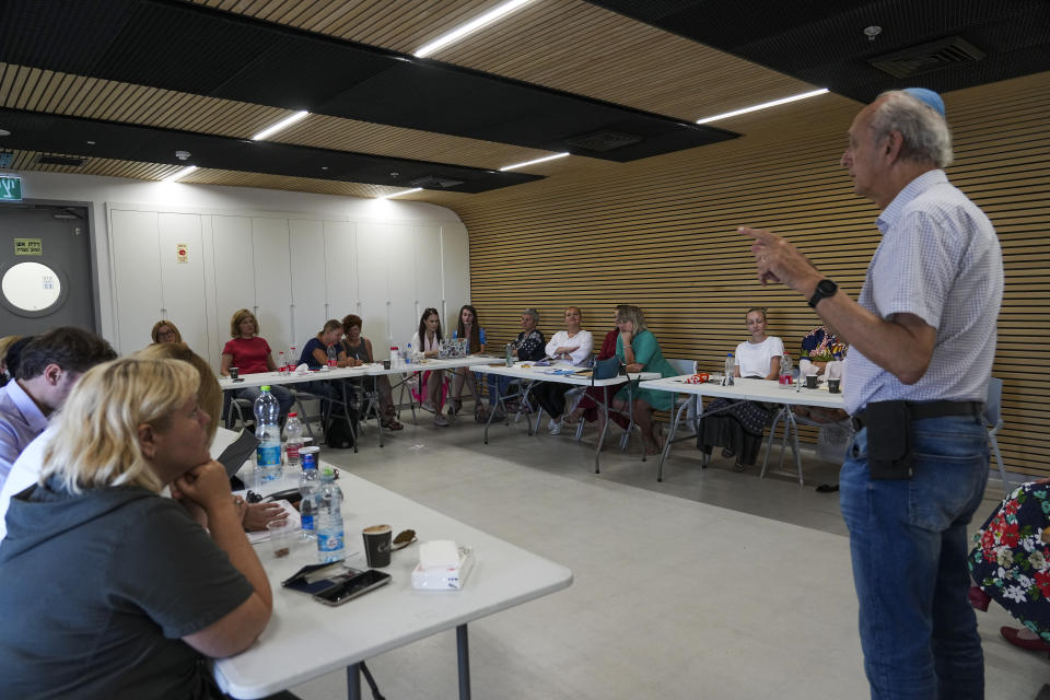 Ukrainian mental health professionals learn how to treat trauma victims in a special three-week course run by the Israeli Metiv organization in Herzog Medical Center in Jerusalem, Wednesday, July 20, 2022. Awareness for recognizing and treating mental trauma remains relatively low in Ukraine. (AP Photo/Tsafrir Abayov)