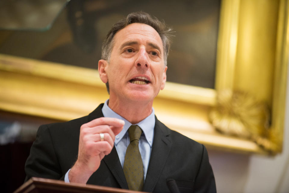 In this Wednesday, Jan. 8, 2014 photo, Vermont Gov. Peter Shumlin delivers the State of the State Address at the Statehouse in Montpelier, Vt. Shumlin Shumlin highlighted opiate abuse in the state by devoting nearly his entire State of the State speech to it. (AP Photo/Andy Duback)