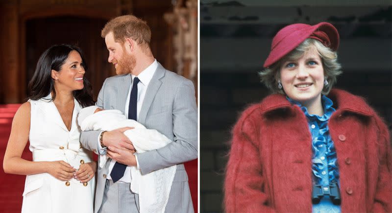 Meghan, Harry and their new arrival, left; Princess Diana, right. [Photo: Getty]