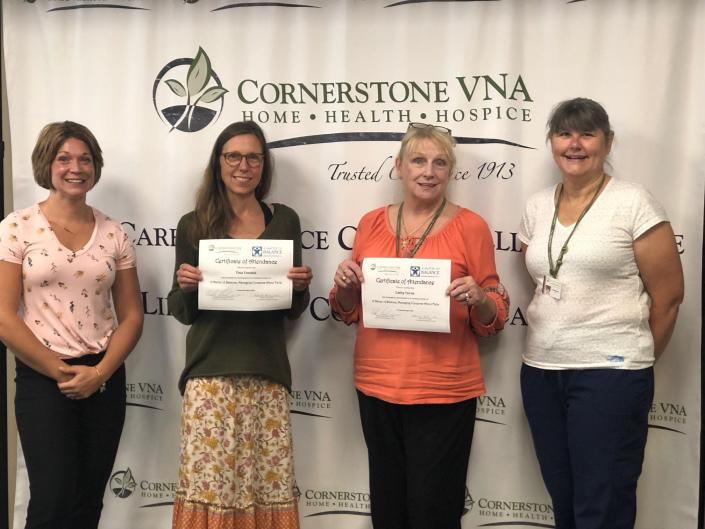 Cornerstone VNA&#39;s previous Balance Coach Training.  Left to right are Katie Michaud, MS, OTR/L, Cornerstone VNA Rehab Coordinator and Certified Matter of Balance Master Trainer; Tina Trevino and Cathy Tsiros, Volunteer Balance Coaches; Becky Ford, OTR/L, Cornerstone VNA Occupational Therapists and Certified Matter of Balance Master Trainer.