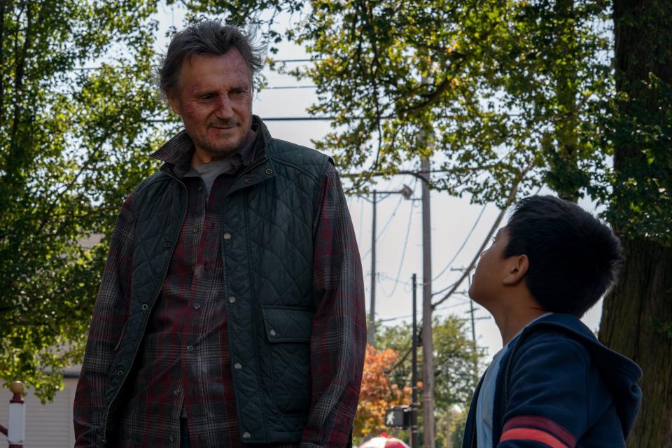 Liam Neeson stars as Jim and Jacob Perez as Miguel, in director Robert Lorenz's "The Marksman."