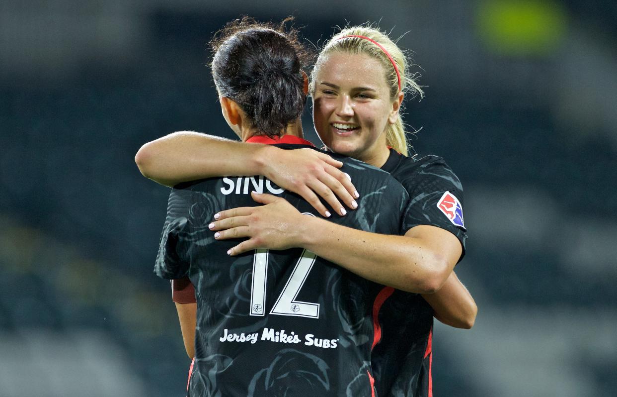 Lindsey Horan (back), Christine Sinclair and the Portland Thorns are bursting at the seams with talent. Will they capture their first NWSL title since 2017? (Photo by Craig Mitchelldyer/ISI Photos/Getty Images)