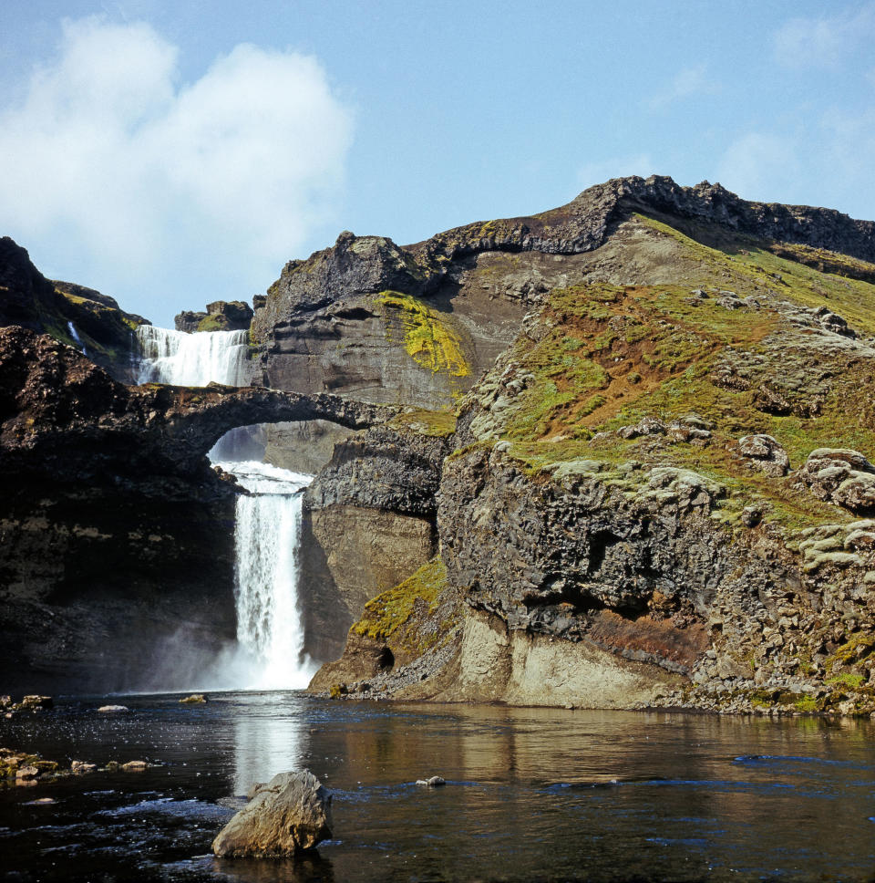 Iceland’s Eldgjá canyon with waterfall is pictured