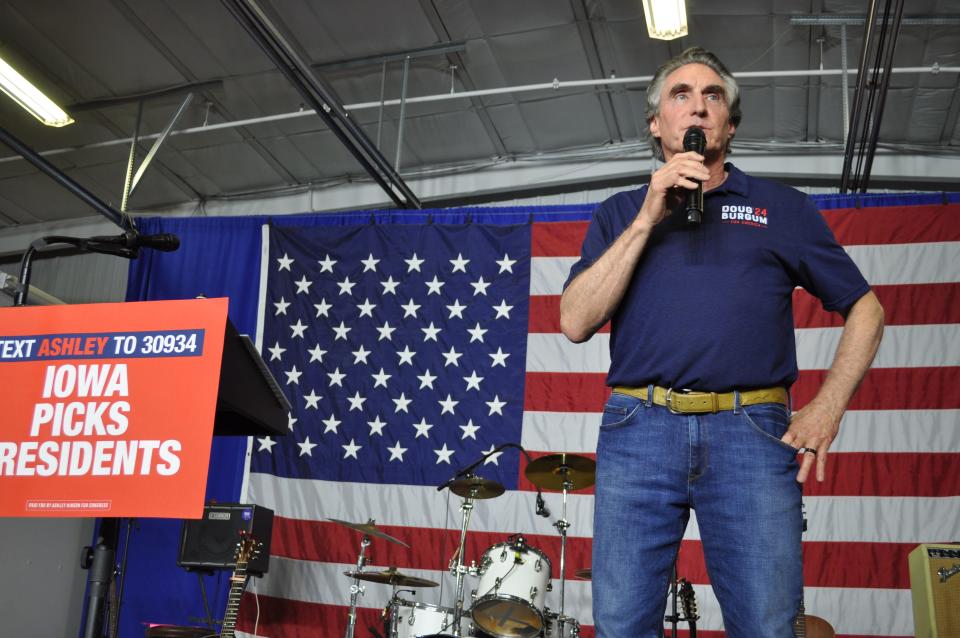 North Dakota governor Doug Burnum speaks to a crowd of 800 in Cedar Rapids, Iowa, as he campaigns for the Republican nomination for president.