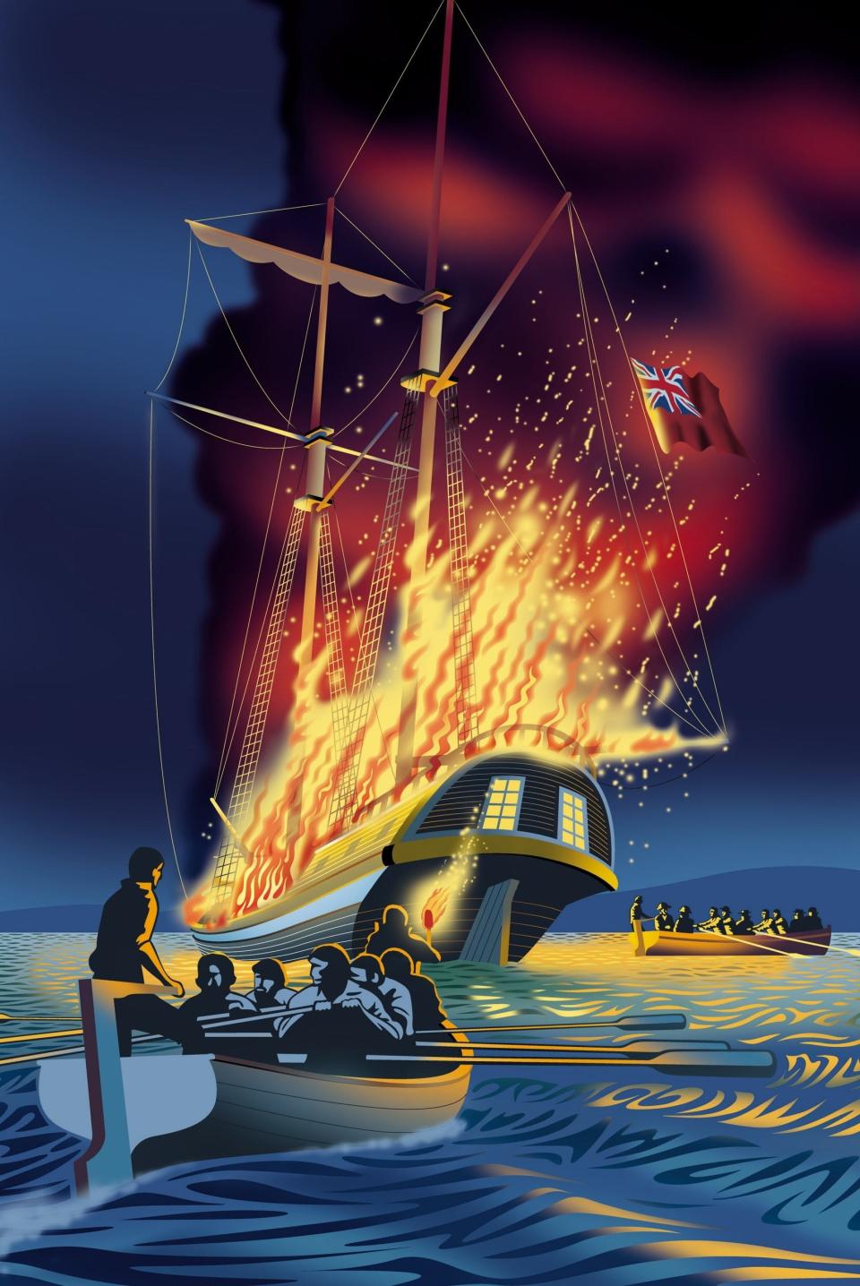 A depiction of the sinking of the Gaspee in Narragansett Bay, a militant act of rebellion that predated the Boston Tea Party and the Battles of Lexington and Concord.