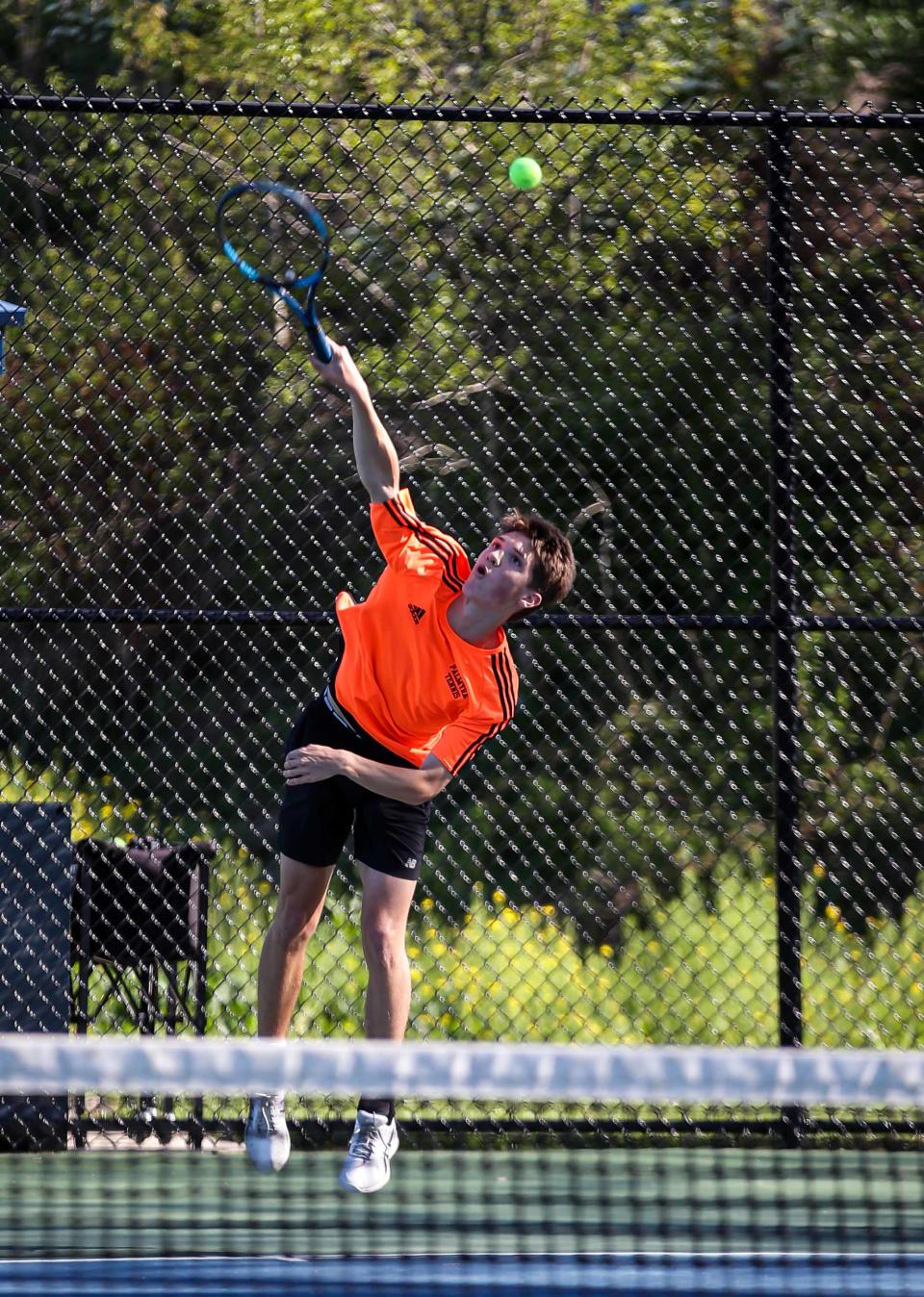 Aidan Mark of Pakmyra smashes a serve during the PIAA District 3 Class 3A Semi Finals vs Cedar Crest Monday May 9, 2022 at Lebanon Valley College. Palmyra won the match 3-1.
(Photo: Travis Boyd)