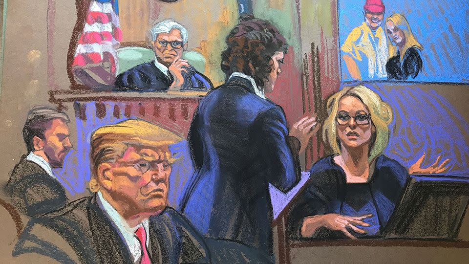 Stormy Daniels is questioned by prosecutor Susan Hoffinger in Manhattan state court on May 7, 2024, in this courtroom sketch. - Christine Cornell