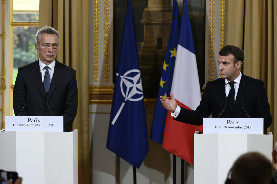 French President Emmanuel Macron, right, and NATO Secretary General Jens Stoltenberg, hold a joint press conference at the Elysee palace, Thursday, Nov.28, 2019 in Paris. French President Emmanuel Macron said the NATO needed "a wake up call" and that its leaders must have a strategic discussion about how the military alliance should work, including on improving ties with Russia. (Bertrand Guay, Pool via AP)