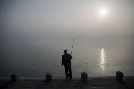 A man fishes amid morning fog over Taedong River in Pyongyang, North Korea October 8, 2015. REUTERS/Damir Sagolj