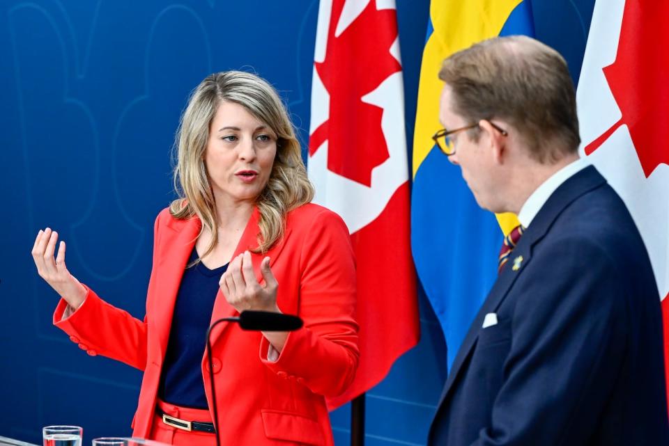 Foreign Minister Mélanie Joly, left, and Sweden's counterpart Tobias Billström hold a joint news conference on, among other things, the security situation, current NATO issues and Sweden's and Canada's bilateral relationship, in Stockholm, Sweden on Wednesday May 29, 2024.