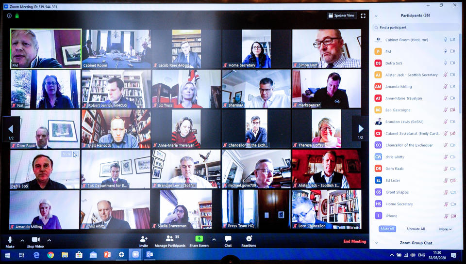 The prime minister tweeted this image of his virtual cabinet meeting held via Zoom while he was self isolating at the end of March. (PA)