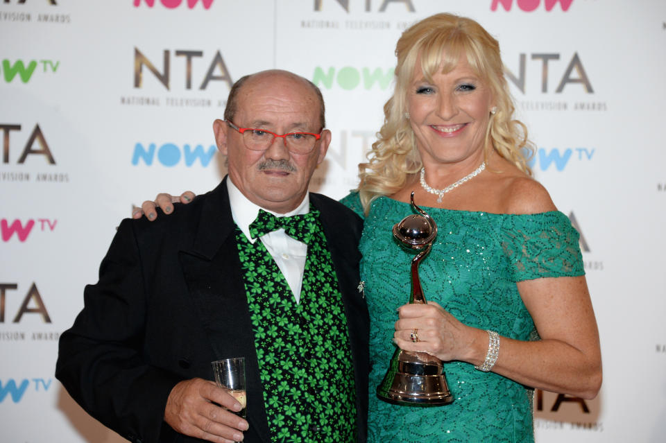 LONDON, ENGLAND - JANUARY 25:  Brendan and Jennifer O'Carroll, winners of the Best Comedy Award for Mrs Brown's Boys during the National Television Awards at The O2 Arena on January 25, 2017 in London, England.  (Photo by Anthony Harvey/Getty Images)