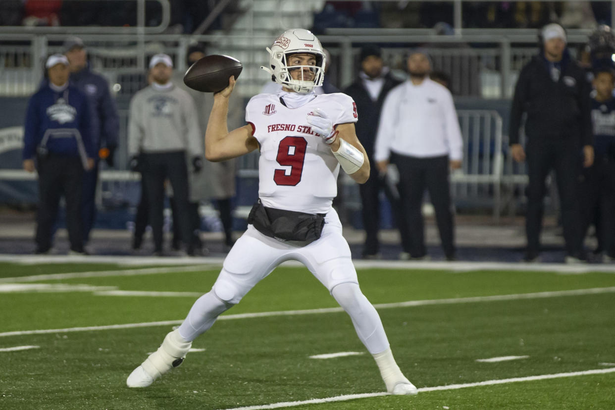 Fresno State quarterback Jake Haener (9) throws against Nevada in Reno, Nev., Saturday, Nov. 19, 2022. (AP Photo/Tom R. Smedes)