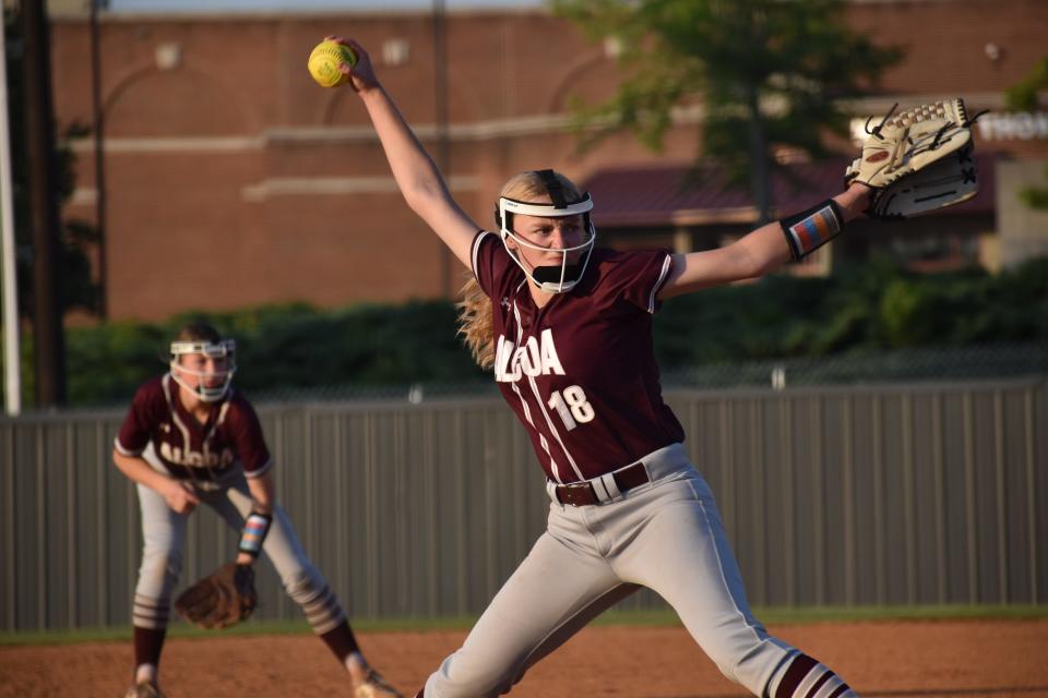 Gabby Burkhart (18) throws a pitch during the Class 2A sectional softball game between Alcoa and Marion County on May 20, 2022.