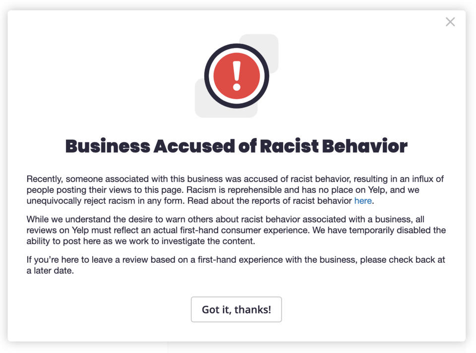 Yelp's new alert flags businesses that have been accused of racist behavior. (Yelp)