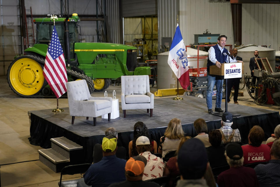 Republican presidential candidate Florida Gov. Ron DeSantis speaks during a campaign event at Port Neal Welding, Wednesday, May 31, 2023, in Salix, Iowa. (AP Photo/Charlie Neibergall)